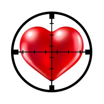 Hunting for love with a crosshair aiming target at a red heart representing the concept of dating and relationships search and searching for your soul mate.