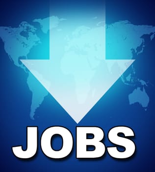 Unemployment and lack of jobs symbol represented by text and a downward pointing arrow showing the shrinking work force and lack of employment due to the bad economy.