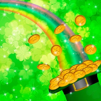 Pot of Gold and Rainbow Over Lucky Irish Shamrock Four-Leaf Clover Blurred Background Illustration