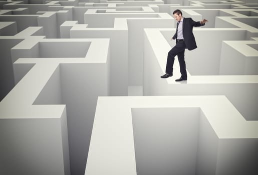 caucasian man walk on 3d maze