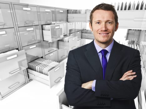 smiling young worker and file cabinet background