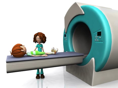 A young cartoon boy getting ready for a Magnetic resonance imaging scan, MRI. A nurse is beside him. White background.