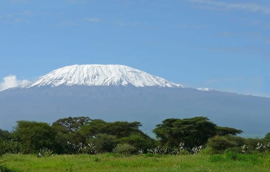 Landscape with snow covered peak of Kilimanjaro in Kenya