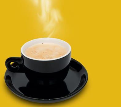 Black Cup of Smoking Coffee on Yellow Background