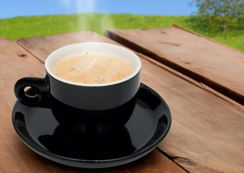 Espresso Coffee on Wooden Table - Outdoors