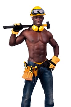 Strong build black construction worker with big hammer isolated in white