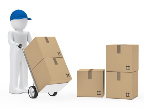 man with blue cap hold hand truck
