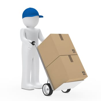 little man with cap and hand truck