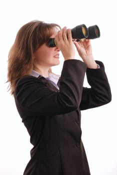 Attractive business woman with binoculars - isolated on white background
