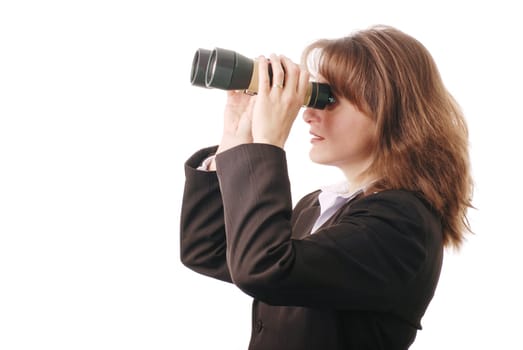 Attractive business woman with binoculars - isolated on white background