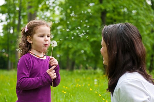 Mother with small daughter blowing to dandelion - lifestyle outdoors scene in park