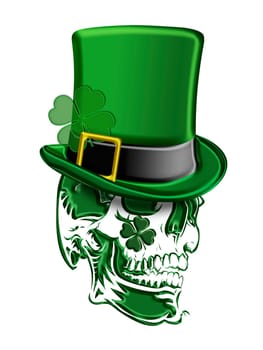 St Patricks Day Green Skull with Leprechaun Hat with Shamrocks Isolated on White Background Illustration