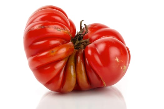 Big Red Giant Beef Tomato Mirrored Against White Background