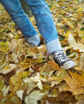 Human walking among Autumn Leafs