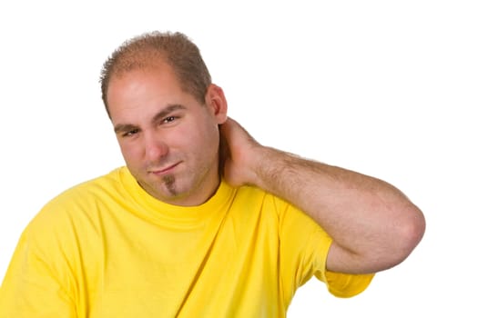 Young man suffering from neck pain - isolated on white background