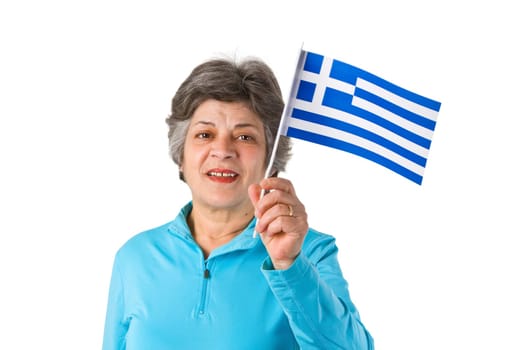 Greek senior woman with national flag - isolated on white background