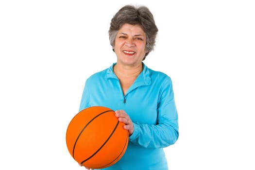 Senior woman with basketball - isolated on white background