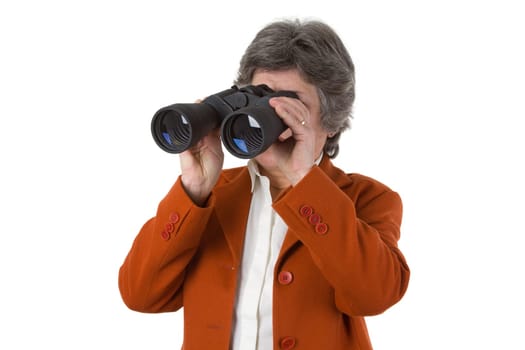 Senior woman with binoculars - isolated on white background