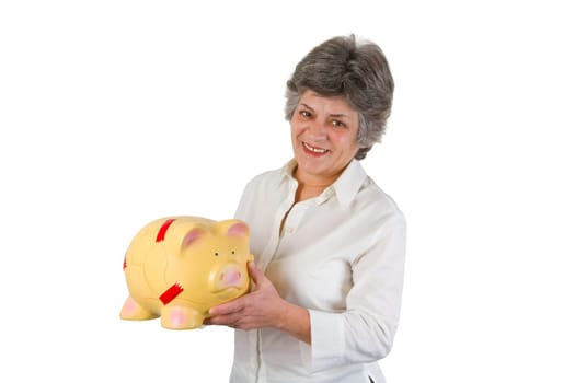 Senior woman with piggy bank - isolated on white background