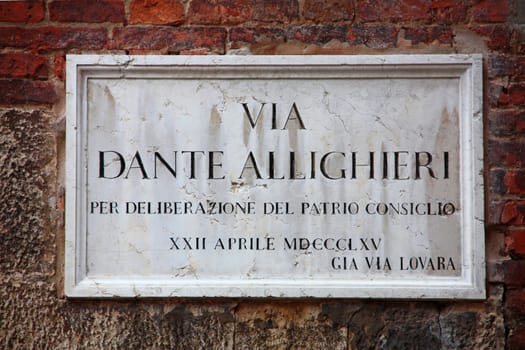 Marble street sign on "Dante Street"" - Via Dante Allighieri,Verona,Italy"