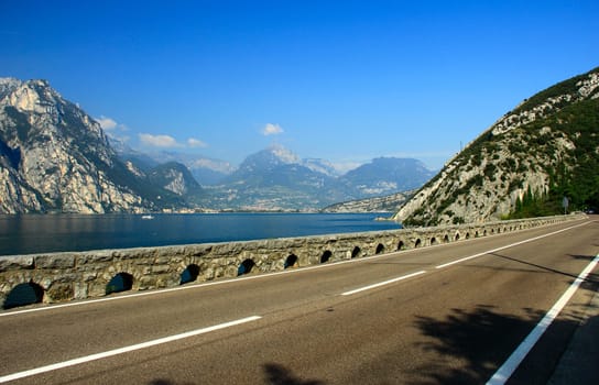 View over Lake Garda from the Gardesana Orientale (east shore road),Italy - in the distance Riva