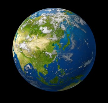 Earth model planet featuring the continent of Asia including China Japan Korea and India surrounded by blue ocean and clouds on black