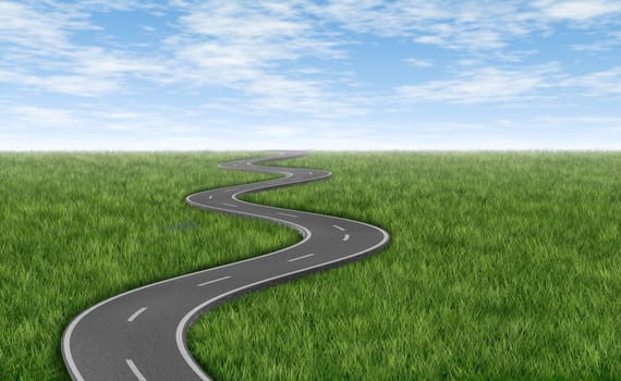 Curved winding asphalt road on a green grass horizon with a blue sky represented by a single highway on white background representing a clear focused strategic trip to a planned destination and journey.