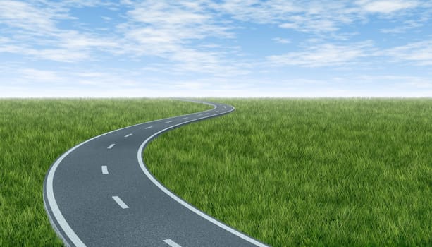Horizon with curved highway road with green grass and sky landscape representing the concept of a planned strategic journey to a goal related destination represented by a single paved pathway with two lanes.