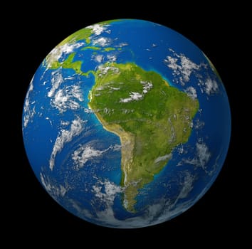 Earth planet featuring South america and latin american countries surrounded by blue ocean and clouds on a black background.