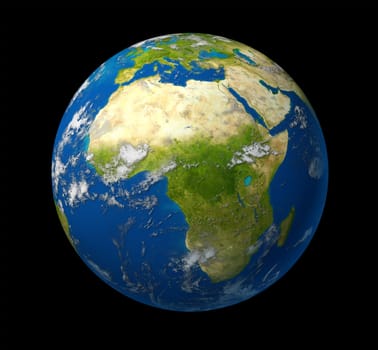 Earth model planet featuring Africa and middle eastern countries surrounded by blue african ocean and clouds on black background.