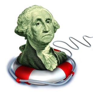 Drowning dollar bill symbol featuring the vintage portrait of George Washington with a life preserver saving the downgraded American currency during a dangerous recesion and U.S. economy.