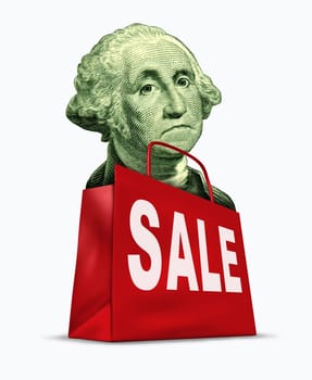 Currency on sale caused by the devaluation of the dollar in relation to the world recession  and U.S. economy represented by a vintage character of George Washington in a shopping bag showing bargain prices.