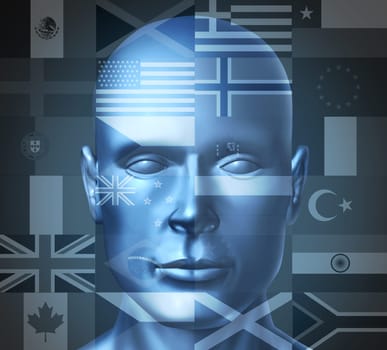 Globe trotter and international traveler symbol represented by a human head with flags from countries of the world showing the concept of traveling and tourism.