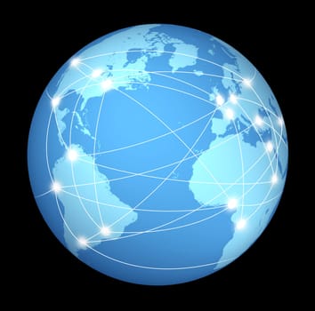 Internet connections and network around the globe represented by a global international sphere on black background showing the communications amongst cities and continents around the world.