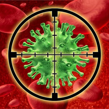 Killing a virus symbol represented by blood cells being attacked by a disease and targeted by crosshairs to cure the patient from the illness.