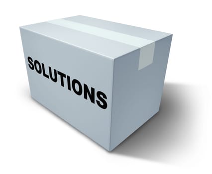 Solutions and answers on a white box representing creative strategies to solving a problem and planning inside a closed box that  can be opened to reveal positive direction for a business.
