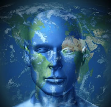 Global tourist represented by a world map with a human head showing the concept of traveling and exploring the world&#039 s tourist attractions.