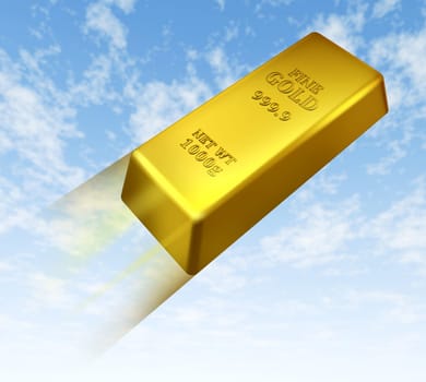 Rising price of gold represented by a gold bar going up in the sky showing the higher value to the yellow shiny metal caused by a week economy.