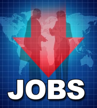 Unemployment and lack of jobs symbol represented by text and a downward pointing arrow showing the shrinking work force and lack of employment due to the bad economy.