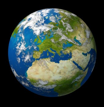 Planet Earth featuring Europe and European union countries including France Germany Italy and England surrounded by blue ocean and clouds on black background.