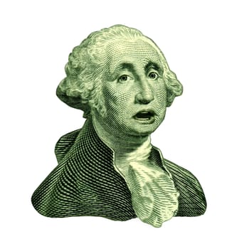 Direction of the U.S. dollar bill symbol featuring the vintage portrait of George Washington with a talking expresion showing concern for the downgraded American currency during a dangerous recesion and U.S. economy.