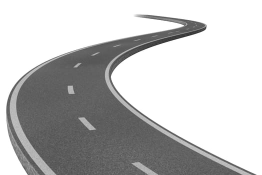 Curved highway road representing the concept of a planned strategic journey to a goal related destination represented by a single paved pathway with two lanes.