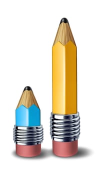 Teacher and student symbol showing coaching and tutoring for education represented by a big yellow pencil and a small blue pencil side by side .