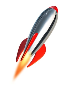 Take off and blast off symbol into space using a metal missile rocket spacecraft propelling into a white background representing fresh planning and strategy with new beginnings and charging towards the future ahead.