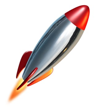 Rocket launch blast off representing a symbol of exploration and power from a metal missile spacecraft thrusting upwards into space with a combustion flame.