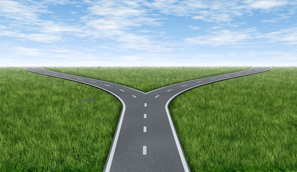 Cross roads horizon with grass and blue sky showing a  fork in the road or highway business metaphor representing the concept of a strategic dilemma choosing the right direction to go when facing two equal or similar options.