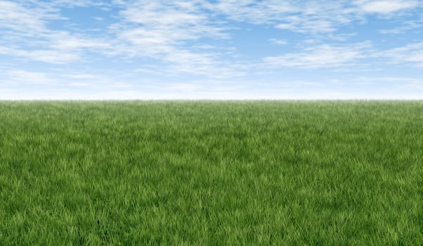 Green grass feild horizon with blue sky and clouds great for double page spreads and background art representing fresh healthy lawn and clean natural nature related issues.