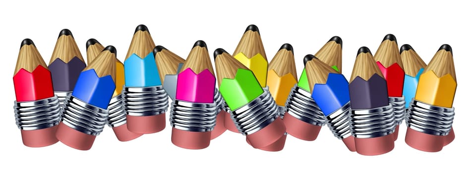 Multi color mixed pencil border with mini pencils showing the concept of education a school instrument used for writing and drawing art.