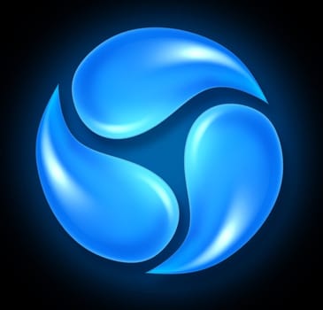 Water symbol of clean crystal clear H2O featuring three liquid drops spinning round in a circle shape.