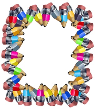 Frame made of pencils with multi color border featuring mini pencils showing the concept of education a school instrument used for writing and drawing art.